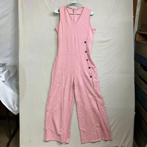 Cherfly Women's Small Peach Pink V-Neck Sleeveless Wide Leg Elegant Jumpsuits - Picture 4 of 16